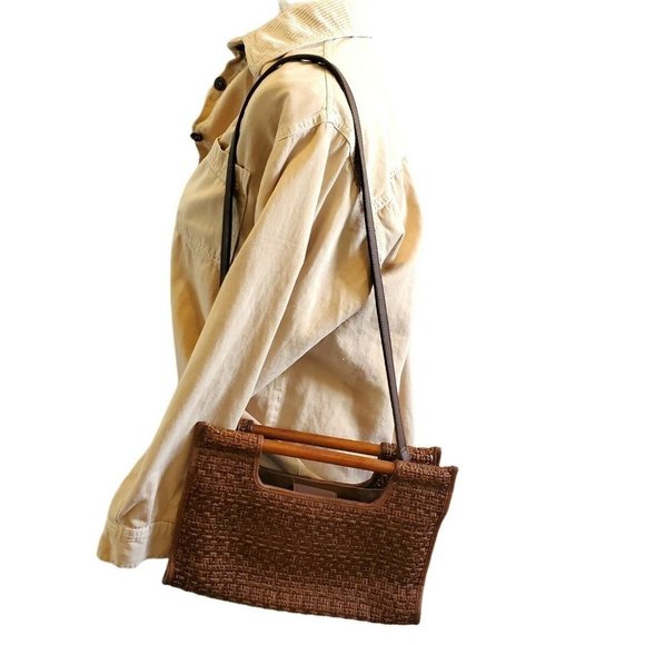Fossil‎ Brown Straw Rattan Woven Bohemian Shoulder Bag Wooden Handles 11 X 8 - Picture 3 of 12